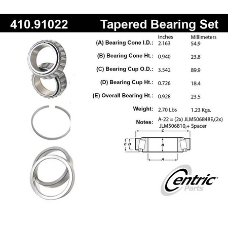 Centric Parts PREMIUM WHEEL BEARING AND RACE SET 410.91022
